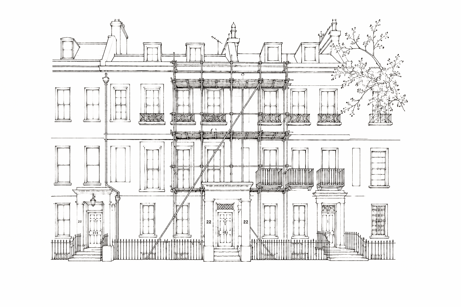 A hand-drawn Georgian terrace, the centre house wrapped in scaffolding — we’re renovating, too.